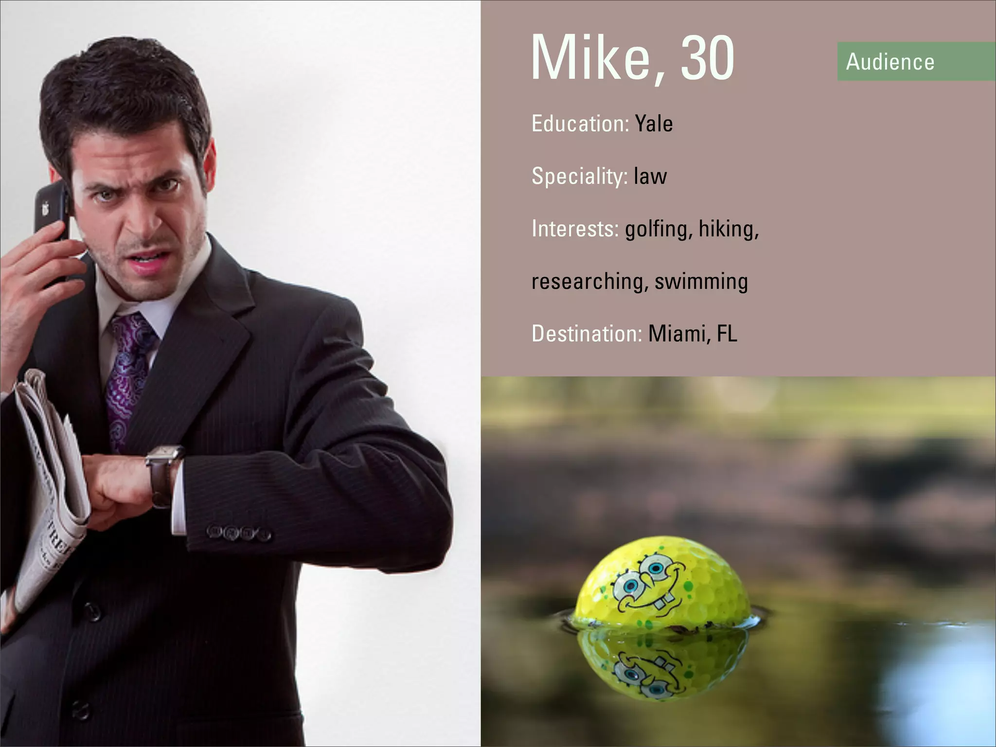 Mike, 30                      Audience

Education: Yale

Speciality: law

Interests: golfing, hiking,

researching, swimming

Destination: Miami, FL
 