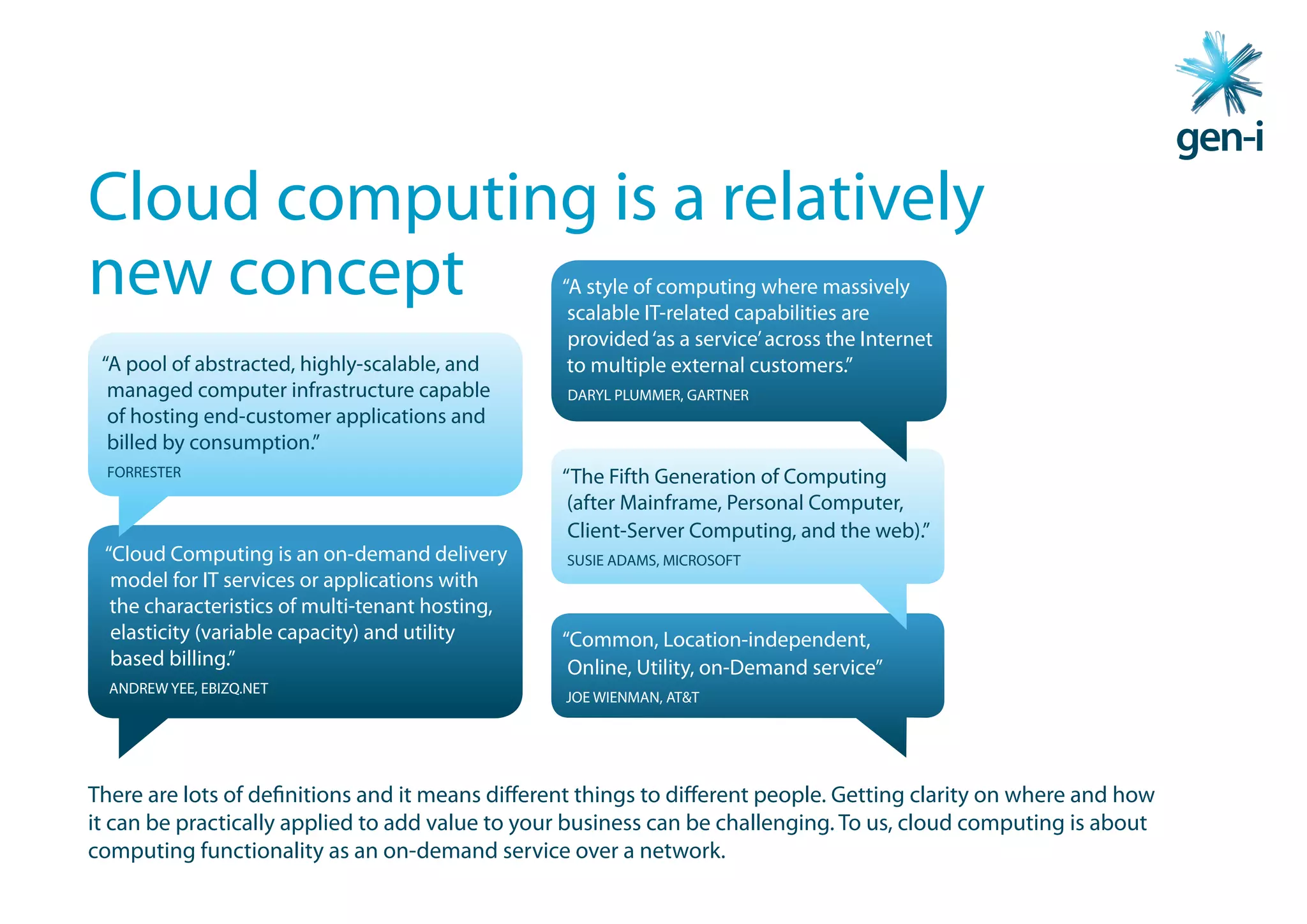 Cloud computing is a relatively
new concept                                       “A style of computing where massively
                                                   scalable IT-related capabilities are
                                                   provided ‘as a service’ across the Internet
 “A pool of abstracted, highly-scalable, and       to multiple external customers.” 
  managed computer infrastructure capable         DARYL PLUMMER, GARTNER
  of hosting end-customer applications and
  billed by consumption.” 
  FORRESTER                                       “The Fifth Generation of Computing
                                                   (after Mainframe, Personal Computer,
                                                   Client-Server Computing, and the web).”
 “Cloud Computing is an on-demand delivery        SUSIE ADAMS, MICROSOFT
  model for IT services or applications with
  the characteristics of multi-tenant hosting,
  elasticity (variable capacity) and utility      “Common, Location-independent,
  based billing.”                                  Online, Utility, on-Demand service”
  ANDREW YEE, EBIZQ.NET
                                                  JOE WIENMAN, AT&T




There are lots of definitions and it means different things to different people. Getting clarity on where and how
it can be practically applied to add value to your business can be challenging. To us, cloud computing is about
computing functionality as an on-demand service over a network.
 