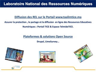Diffusion des REL sur le Portail www.taalimtice.ma
Assurer la protection , le partage et la diffusion en ligne des Ressources Educatives
Numériques : Portail TICE & Espace TelmideTICE.
Plateformes & solutions Open Source
Drupal, LimeSurvey…
Laboratoire National des Ressources Numériques
 