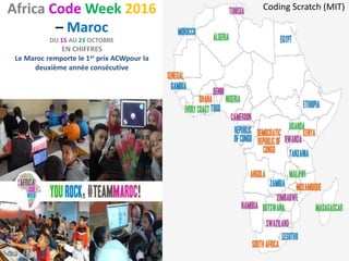 Africa Code Week 2016
– Maroc
DU 15 AU 23 OCTOBRE
EN CHIFFRES
Le Maroc remporte le 1er prix ACWpour la
deuxième année consécutive
Coding Scratch (MIT)
 