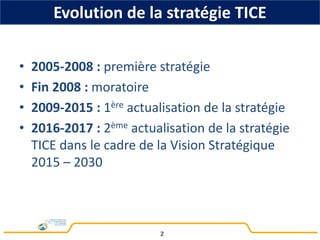 • 2005-2008 : première stratégie
• Fin 2008 : moratoire
• 2009-2015 : 1ère actualisation de la stratégie
• 2016-2017 : 2ème actualisation de la stratégie
TICE dans le cadre de la Vision Stratégique
2015 – 2030
2
Evolution de la stratégie TICE
 
