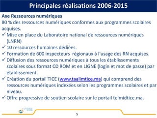 5
Axe Ressources numériques
80 % des ressources numériques conformes aux programmes scolaires
acquises.
 Mise en place du Laboratoire national de ressources numériques
(LNRN)
 10 ressources humaines dédiées.
 Formation de 600 inspecteurs régionaux à l’usage des RN acquises.
 Diffusion des ressources numériques à tous les établissements
scolaires sous format CD ROM et en LIGNE (login et mot de passe) par
établissement.
 Création du portail TICE (www.taalimtice.ma) qui comprend des
ressources numériques indexées selon les programmes scolaires et par
niveau.
 Offre progressive de soutien scolaire sur le portail telmidtice.ma.
Principales réalisations 2006-2015
 
