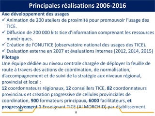 6
Axe développement des usages
 Animation de 200 ateliers de proximité pour promouvoir l’usage des
TICE.
 Diffusion de 200 000 kits tice d’information comprenant les ressources
numériques.
 Création de l’ONUTICE (observatoire national des usages des TICE).
 Evaluation externe en 2007 et évaluations internes (2012, 2014, 2015)
Pilotage
Une équipe dédiée au niveau centrale chargée de déployer la feuille de
route à travers des actions de coordination, de normalisation,
d’accompagnement et de suivi de la stratégie aux niveaux régional,
provincial et local :
12 coordonnateurs régionaux, 12 conseillers TICE, 82 coordonnateurs
provinciaux et création progressive de cellules provinciales de
coordination, 900 formateurs principaux, 6000 facilitateurs, et
progressivement 1 Enseignant TICE (Al MORCHID) par établissement.
Principales réalisations 2006-2016
 