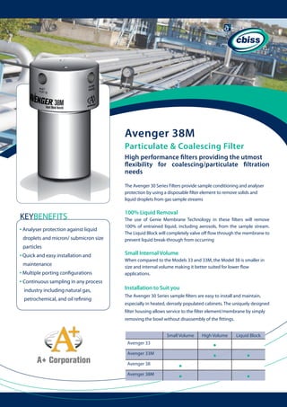 Avenger 38M
Particulate & Coalescing Filter
High performance filters providing the utmost
flexibility for coalescing/particulate filtration
needs
The Avenger 30 Series Filters provide sample conditioning and analyser
protection by using a disposable filter element to remove solids and
liquid droplets from gas sample streams

100% Liquid Removal

KEYBENEFITS
• Analyser protection against liquid

	

droplets and micron/ submicron size 	
particles

Small Internal Volume

• Quick and easy installation and

When compared to the Models 33 and 33M, the Model 38 is smaller in
size and internal volume making it better suited for lower flow
applications.

maintenance

• Multiple porting configurations
• Continuous sampling in any process
industry including natural gas,
petrochemical, and oil refining

The use of Genie Membrane Technology in these filters will remove
100% of entrained liquid, including aerosols, from the sample stream.
The Liquid Block will completely valve off flow through the membrane to
prevent liquid break-through from occurring

	

Installation to Suit you
The Avenger 30 Series sample filters are easy to install and maintain,
especially in heated, densely populated cabinets. The uniquely designed
filter housing allows service to the filter element/membrane by simply
removing the bowl without disassembly of the fittings.
Small Volume
Avenger 33
Avenger 33M
Avenger 38
Avenger 38M

•
•

High Volume

Liquid Block

•
•

•
•

 