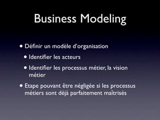 Business Modeling

• Déﬁnir un modèle d’organisation
 • Identiﬁer les acteurs
 • Identiﬁer les processus métier, la vision
   métier
• Etape pouvant être négligée si les processus
  métiers sont déjà parfaitement maîtrisés
 