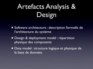 Artefacts Analysis &
          Design
• Software architecture : description formelle de
  l’architecture du système
• Design & deployment model : répartition
  physique des composants
• Data model : structure logique et physique de
  la base de données
 