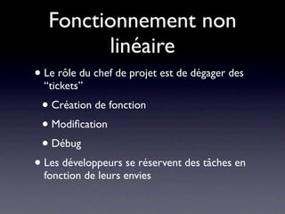 Fonctionnement non
       linéaire
• Le rôle du chef de projet est de dégager des
  “tickets”, avec une unité de temps <=1jour
 • Création de fonction
 • Modiﬁcation/Refacto
 • Debug
• Les développeurs gardent une marge de
  décision sur l’ordre des tâches à accomplir
 
