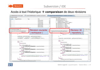 Subversion / IDE
Accès à tout l’historique     comparaison de deux révisions




               Révision courante                          Révision 30
               ( workspace )                              ( repository )




                                      Génie Logiciel ( Laurent Guérin - Février 2013 ) | 37
 