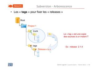 Subversion - Arborescence
• Les « tags » pour fixer les « releases »

       Root

              Project 1

                   trunk
                                                     Le « tag » est une copie
                                                     des sources à un instant T



                   tags                                 Ex : release 2.1.4
                           Release x.x.x




                                           Génie Logiciel ( Laurent Guérin - Février 2013 ) | 40
 