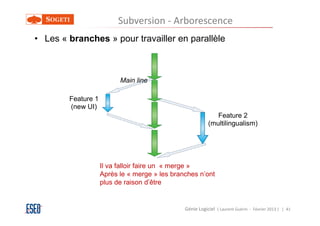Subversion - Arborescence
• Les « branches » pour travailler en parallèle



                          Main line

        Feature 1
        (new UI)
                                                             Feature 2
                                                          (multilingualism)




                    Il va falloir faire un « merge »
                    Après le « merge » les branches n’ont
                    plus de raison d’être


                                               Génie Logiciel ( Laurent Guérin - Février 2013 ) | 41
 