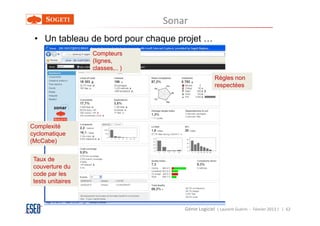 Sonar
 • Un tableau de bord pour chaque projet …
                   Compteurs
                   (lignes,
                   classes,.. )
                                                    Règles non
                                                    respectées




Complexité
cyclomatique
(McCabe)


 Taux de
 couverture du
 code par les
 tests unitaires



                                      Génie Logiciel ( Laurent Guérin - Février 2013 ) | 62
 