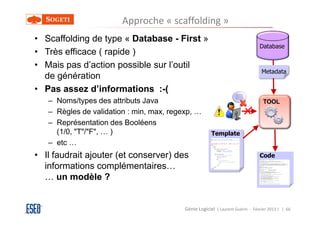 Approche « scaffolding »
• Scaffolding de type « Database - First »
                                                                               Database
• Très efficace ( rapide )
• Mais pas d’action possible sur l’outil
                                                                                Metadata
  de génération
• Pas assez d’informations :-(
   – Noms/types des attributs Java                                               TOOL
   – Règles de validation : min, max, regexp, …
   – Représentation des Booléens
     (1/0, "T"/"F", … )                                Template
   – etc …
• Il faudrait ajouter (et conserver) des                                       Code
  informations complémentaires…
  … un modèle ?


                                          Génie Logiciel ( Laurent Guérin - Février 2013 ) | 66
 