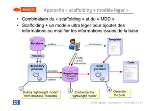 Approche « scaffolding + modèle léger »
• Combinaison du « scaffolding » et du « MDD »
• Scaffolding + un modèle ultra léger pour ajouter des
  informations ou modifier les informations issues de la base




                                     Génie Logiciel ( Laurent Guérin - Février 2013 ) | 67
 
