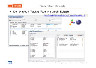 Génération de code
• Démo avec « Telosys Tools » ( plugin Eclipse )
                           http://marketplace.eclipse.org/content/telosys-tools




                                        Génie Logiciel ( Laurent Guérin - Février 2013 ) | 68
 