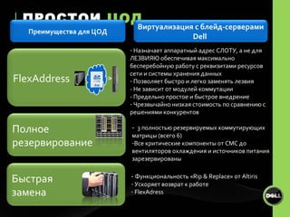 ↓   ПРОСТОИ   ЦОД Назначает аппаратный адрес СЛОТУ, а не для ЛЕЗВИЯЮ обеспечивая максимально бесперебойную работу с реквизитами ресурсов сети и системы хранения данных  Позволяет быстро и легко заменять лезвия -  Не зависит от модулей коммутации -  Предельно простое и быстрое внедрение Чрезвычайно низкая стоимость по сравнению с решениями конкурентов -  3  полностью резервируемых коммутирующих матрицы  ( всего  6) Все критические компоненты от СМС до вентиляторов охлаждения и источников питания зарезервированы -  Функциональность « Rip & Replace » от  Altiris Ускоряет возврат к работе FlexAdress FlexAddress Полное резервирование   Быстрая  замена Виртуализация с блейд-серверами Dell  Преимущества для ЦОД 