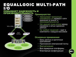 Преимущества Увеличивает пропускную способность от   сервера к сети хранения (а значит и  производительность )   Нет единой точки отказа  между сервером и сетью хранения данных Не требует лицензий   –  идет в комплекте с каждым массивом Основные применения Базы данных и критичные приложения Приложения электронной почты Виртуализация Все серверные платформы Кластерные конфигурации MPIO iSCSI SCSI Application Gig-E Switches NICs or HBAs HA Volume HA Volume HA Volume Application Application EQUALLGOIC MULTI-PATH I/O ПОВЫШАЕТ НАДЕЖНОСТЬ И ПРОИЗВОДИТЕЛЬНОСТЬ 