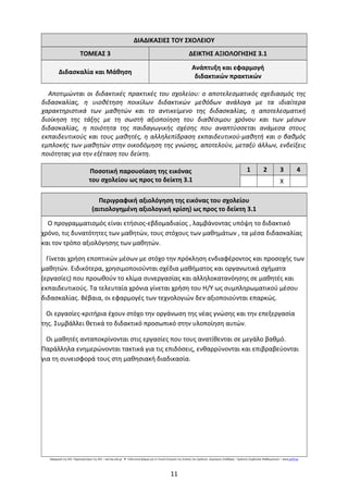 ΔΙΑΔΙΚΑΣΙΕΣ ΤΟΥ ΣΧΟΛΕΙΟΥ
ΤΟΜΕΑΣ 3 ΔΕΙΚΤΗΣ ΑΞΙΟΛΟΓΗΣΗΣ 3.1
Διδασκαλία και Μάθηση
Ανάπτυξη και εφαρμογή
διδακτικών πρακτικών
Αποτιμώνται οι διδακτικές πρακτικές του σχολείου: ο αποτελεσματικός σχεδιασμός της
διδασκαλίας, η υιοθέτηση ποικίλων διδακτικών μεθόδων ανάλογα με τα ιδιαίτερα
χαρακτηριστικά των μαθητών και το αντικείμενο της διδασκαλίας, η αποτελεσματική
διοίκηση της τάξης με τη σωστή αξιοποίηση του διαθέσιμου χρόνου και των μέσων
διδασκαλίας, η ποιότητα της παιδαγωγικής σχέσης που αναπτύσσεται ανάμεσα στους
εκπαιδευτικούς και τους μαθητές, η αλληλεπίδραση εκπαιδευτικού-μαθητή και ο βαθμός
εμπλοκής των μαθητών στην οικοδόμηση της γνώσης, αποτελούν, μεταξύ άλλων, ενδείξεις
ποιότητας για την εξέταση του δείκτη.
Ποσοτική παρουσίαση της εικόνας
του σχολείου ως προς το δείκτη 3.1
1 2 3 4
Χ
Περιγραφική αξιολόγηση της εικόνας του σχολείου
(αιτιολογημένη αξιολογική κρίση) ως προς το δείκτη 3.1
Ο προγραμματισμός είναι ετήσιος-εβδομαδιαίος , λαμβάνοντας υπόψη το διδακτικό
χρόνο, τις δυνατότητες των μαθητών, τους στόχους των μαθημάτων , τα μέσα διδασκαλίας
και τον τρόπο αξιολόγησης των μαθητών.
Γίνεται χρήση εποπτικών μέσων με στόχο την πρόκληση ενδιαφέροντος και προσοχής των
μαθητών. Ειδικότερα, χρησιμοποιούνται σχέδια μαθήματος και οργανωτικά σχήματα
(εργασίες) που προωθούν το κλίμα συνεργασίας και αλληλοκατανόησης σε μαθητές και
εκπαιδευτικούς. Τα τελευταία χρόνια γίνεται χρήση του Η/Υ ως συμπληρωματικού μέσου
διδασκαλίας. Βέβαια, οι εφαρμογές των τεχνολογιών δεν αξιοποιούνται επαρκώς.
Οι εργασίες-κριτήρια έχουν στόχο την οργάνωση της νέας γνώσης και την επεξεργασία
της. Συμβάλλει θετικά το διδακτικό προσωπικό στην υλοποίηση αυτών.
Οι μαθητές ανταποκρίνονται στις εργασίες που τους ανατίθενται σε μεγάλο βαθμό.
Παράλληλα ενημερώνονται τακτικά για τις επιδόσεις, ενθαρρύνονται και επιβραβεύονται
για τη συνεισφορά τους στη μαθησιακή διαδικασία.
Εφαρμογή της ΑΕΕ: Παρατηρητήριο της ΑΕΕ – aee.iep.edu.gr Ενδεικτική φόρμα για τη Γενική Εκτίμηση της Εικόνας του Σχολείου: Δημήτριος Σπαθάρας – Σχολικός Σύμβουλος Μαθηματικών –● www.pe03.gr
11
 
