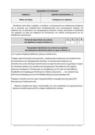 ΔΕΔΟΜΕΝΑ ΤΟΥ ΣΧΟΛΕΙΟΥ
ΤΟΜΕΑΣ 1 ΔΕΙΚΤΗΣ ΑΞΙΟΛΟΓΗΣΗΣ 1.2
Μέσα και Πόροι Στελέχωση του σχολείου
Εξετάζεται κατά πόσο ο αριθμός, η σύνθεση, η επιστημονική και παιδαγωγική κατάρτιση
και η εμπειρία των εκπαιδευτικών ανταποκρίνονται στις συγκεκριμένες ανάγκες του
σχολείου και τις απαιτήσεις του προγράμματος σπουδών. Επίσης, αποτιμάται η κατάσταση
του σχολείου ως προς την επάρκεια του διοικητικού, του ειδικού επιστημονικού και του
βοηθητικού προσωπικού.
Ποσοτική παρουσίαση της εικόνας
του σχολείου ως προς το δείκτη 1.2
1 2 3 4
Χ
Περιγραφική αξιολόγηση της εικόνας του σχολείου
(αιτιολογημένη αξιολογική κρίση) ως προς το δείκτη 1.2
Στο Γυμνάσιο Οιχαλίας διδάσκουν μόνιμοι εκπαιδευτικοί.
Υπάρχει καλή αντιστοιχία επιστημονικής - παιδαγωγικής κατάρτισης των εκπαιδευτικών
και απαιτήσεων του Προγράμματος Σπουδών. Η επιστημονική κατάρτιση των
εκπαιδευτικών είναι ιδιαίτερα ικανοποιητική και αρκετοί από αυτούς συμμετέχουν ενεργά
σε καινοτόμες δράσεις και εκπαιδευτικά προγράμματα. Πχ αναβίωση ενός αρχαίου
ελληνικού πειράματος (Υπολογισμός της περιφέρειας της Γης από τον Ερατοσθένη),
Περιβαλλοντικό πρόγραμμα (Τα δέντρα του δάσους διηγούνται …….την ιστορία τους),
Πολιτιστικό πρόγραμμα για τον Απ Καλδάρα (Νύχτωσε χωρίς φεγγάρι) κλπ.
Υπάρχουν εκπαιδευτικοί που έχουν παρακολουθήσει επιμορφωτικά σεμινάρια ΣΕΠ,
Ηλεκτρονικών Υπολογιστών κλπ.
Μερικοί εκπαιδευτικοί έχουν πιστοποιηθεί στις νέες τεχνολογίες και χρησιμοποιούν
laptop και προτζεκτορα γιατί δεν υπάρχει διαδραστικός πίνακας.
Εφαρμογή της ΑΕΕ: Παρατηρητήριο της ΑΕΕ – aee.iep.edu.gr Ενδεικτική φόρμα για τη Γενική Εκτίμηση της Εικόνας του Σχολείου: Δημήτριος Σπαθάρας – Σχολικός Σύμβουλος Μαθηματικών –● www.pe03.gr
7
 