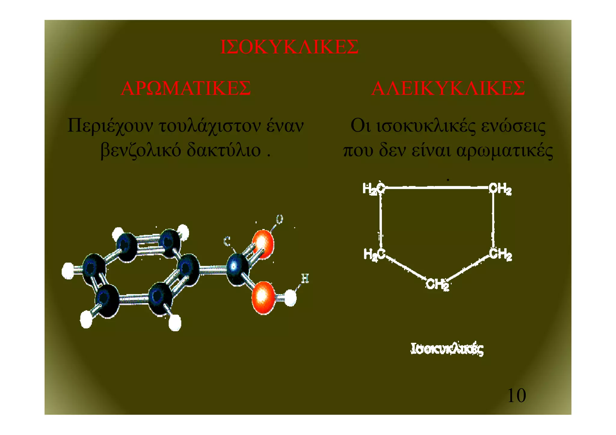 ΙΣΟΚΥΚΛΙΚΕΣ
ΑΡΩΜΑΤΙΚΕΣ
Π έ λά έ
ΑΛΕΙΚΥΚΛΙΚΕΣ
Ο λ έ ώΠεριέχουν τουλάχιστον έναν
βενζολικό δακτύλιο .
Οι ισοκυκλικές ενώσεις
που δεν είναι αρωματικές
.
10
 