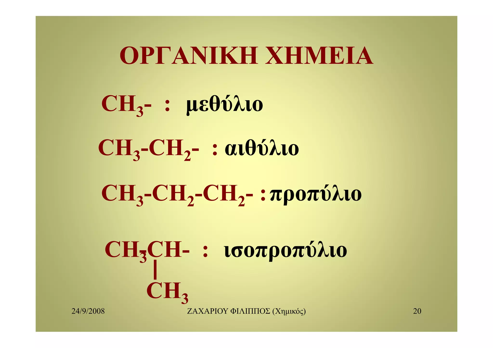ΟΡΓΑΝΙΚΗ ΧΗΜΕΙΑΟΡΓΑΝΙΚΗ ΧΗΜΕΙΑΟΡΓΑΝΙΚΗ ΧΗΜΕΙΑΟΡΓΑΝΙΚΗ ΧΗΜΕΙΑ
ύCH3- : μεθύλιο
CH3-CH2- : αιθύλιο
CH3-CH2-CH2- :προπύλιο
CH3-CH- : ισοπροπύλιοCH3CH : ισοπροπύλιο
CH
24/9/2008 ΖΑΧΑΡΙΟΥ ΦΙΛΙΠΠΟΣ (Χημικός) 20
CH3
 