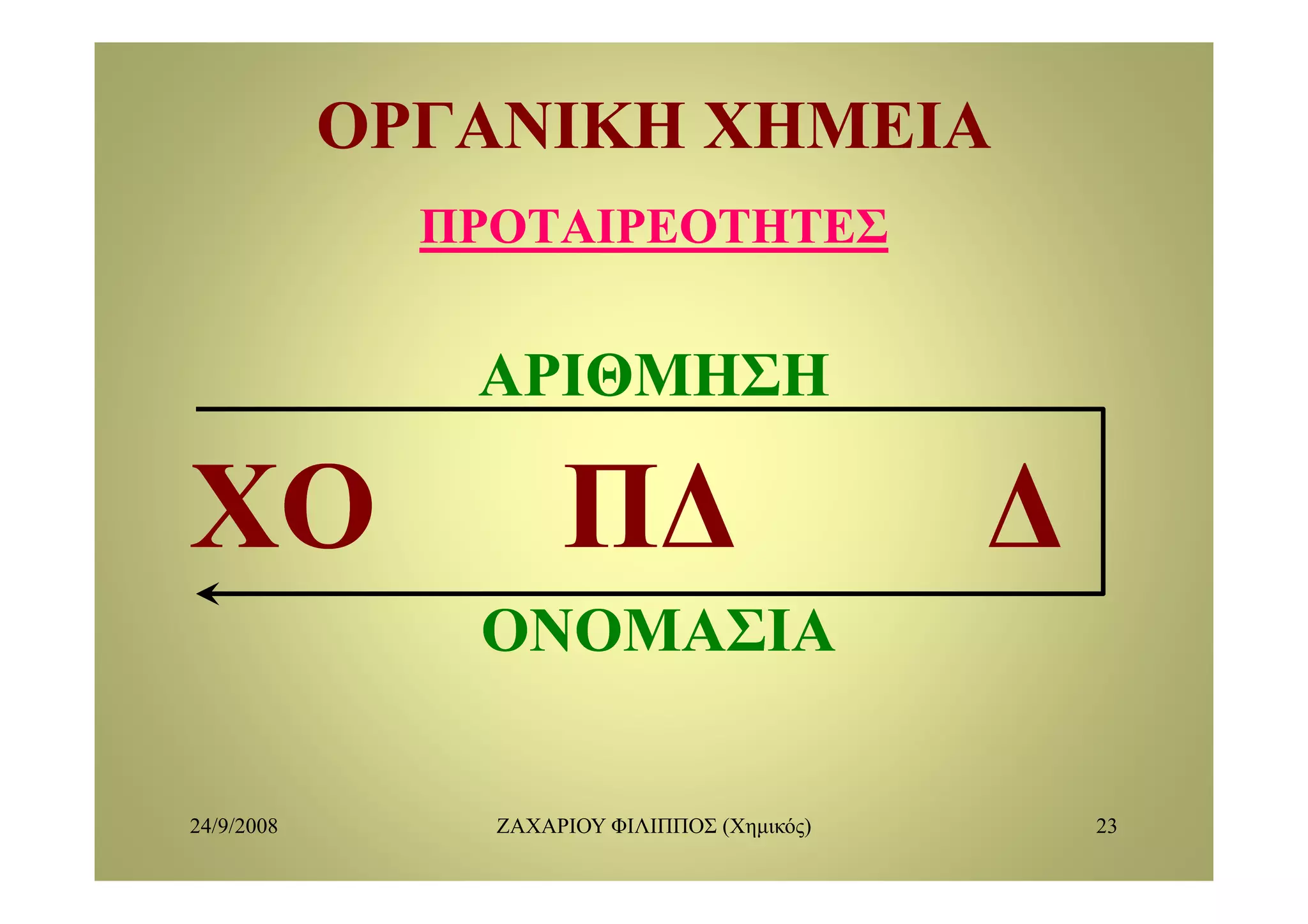 ΟΡΓΑΝΙΚΗ ΧΗΜΕΙΑΟΡΓΑΝΙΚΗ ΧΗΜΕΙΑΟΡΓΑΝΙΚΗ ΧΗΜΕΙΑΟΡΓΑΝΙΚΗ ΧΗΜΕΙΑ
ΠΡΟΤΑΙΡΕΟΤΗΤΕΣΠΡΟΤΑΙΡΕΟΤΗΤΕΣ
ΑΡΙΘΜΗΣΗΑΡΙΘΜΗΣΗΑΡΙΘΜΗΣΗΑΡΙΘΜΗΣΗ
ΧΟΧΟ ΠΔΠΔ ΔΔ
ΟΝΟΜΑΣΙΑΟΝΟΜΑΣΙΑ
24/9/2008 ΖΑΧΑΡΙΟΥ ΦΙΛΙΠΠΟΣ (Χημικός) 23
 
