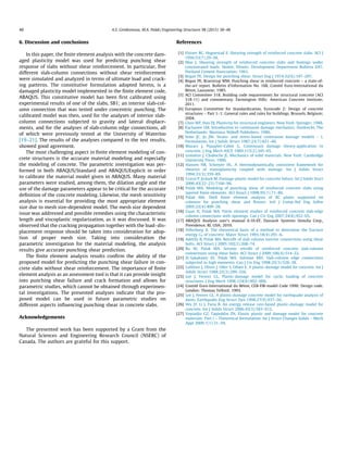 6. Discussion and conclusions
In this paper, the ﬁnite element analysis with the concrete dam-
aged plasticity model was used for predicting punching shear
response of slabs without shear reinforcement. In particular, ﬁve
different slab-column connections without shear reinforcement
were simulated and analyzed in terms of ultimate load and crack-
ing patterns. The constitutive formulation adopted herein, is a
damaged plasticity model implemented in the ﬁnite element code,
ABAQUS. This constitutive model has been ﬁrst calibrated using
experimental results of one of the slabs, SB1; an interior slab-col-
umn connection that was tested under concentric punching. The
calibrated model was then, used for the analyses of interior slab-
column connections subjected to gravity and lateral displace-
ments, and for the analyses of slab-column edge connections, all
of which were previously tested at the University of Waterloo
[19–21]. The results of the analyses compared to the test results,
showed good agreement.
The most challenging aspect in ﬁnite element modeling of con-
crete structures is the accurate material modeling and especially
the modeling of concrete. The parametric investigation was per-
formed in both ABAQUS/Standard and ABAQUS/Explicit in order
to calibrate the material model given in ABAQUS. Many material
parameters were studied, among them, the dilation angle and the
use of the damage parameters appear to be critical for the accurate
deﬁnition of the concrete modeling. Likewise, the mesh sensitivity
analysis is essential for providing the most appropriate element
size due to mesh size-dependent model. The mesh size dependent
issue was addressed and possible remedies using the characteristic
length and viscoplastic regularization, as it was discussed. It was
observed that the cracking propagation together with the load–dis-
placement response should be taken into consideration for adop-
tion of proper mesh size. Taking into consideration the
parametric investigation for the material modeling, the analysis
results give accurate punching shear prediction.
The ﬁnite element analysis results conﬁrm the ability of the
proposed model for predicting the punching shear failure in con-
crete slabs without shear reinforcement. The importance of ﬁnite
element analysis as an assessment tool is that it can provide insight
into punching shear failure and crack formation and allows for
parametric studies, which cannot be obtained through experimen-
tal investigations. The presented analyses indicate that the pro-
posed model can be used in future parametric studies on
different aspects inﬂuencing punching shear in concrete slabs.
Acknowledgements
The presented work has been supported by a Grant from the
Natural Sciences and Engineering Research Council (NSERC) of
Canada. The authors are grateful for this support.
References
[1] Elstner RC, Hognestad E. Shearing strength of reinforced concrete slabs. ACI J
1956;53(7):29–58.
[2] Moe J. Shearing strength of reinforced concrete slabs and footings under
concentrated loads. Skokie, Illinois: Development Department Bulletin D47,
Portland Cement Association; 1961.
[3] Regan PE. Design for punching shear. Struct Eng J 1974;52(6):197–207.
[4] Regan PE, Braestrup MW. Punching shear in reinforced concrete – a state-of-
the-art report. Bulletin d’Information No. 168, Comité Euro-International du
Béton, Lausanne; 1985.
[5] ACI Committee 318. Building code requirements for structural concrete (ACI
318-11) and commentary. Farmington Hills: American Concrete Institute;
2011.
[6] European Committee for Standardization. Eurocode 2: Design of concrete
structures – Part 1–1: General rules and rules for buildings. Brussels, Belgium;
2004.
[7] Chen WF, Han DJ. Plasticity for structural engineers. New York: Springer; 1988.
[8] Kachanov LM. Introduction to continuum damage mechanics. Dordrecht, The
Netherlands: Martinus Nijhoff Publishers; 1986.
[9] Simo JC, Ju JW. Strain- and stress-based continuum damage models – I.
Formulation. Int J Solids Struct 1987;23(7):821–40.
[10] Mazars J, Pijaudier-Cabot G. Continuum damage theory-application to
concrete. J Eng Mech ASCE 1989;115(2):345–65.
[11] Lemaitre J, Chaboche JL. Mechanics of solid materials. New York: Cambridge
University Press; 1990.
[12] Hansen NR, Schreyer HL. A thermodynamically consistent framework for
theories of elastoplasticity coupled with damage. Int J Solids Struct
1994;31(3):359–89.
[13] Grassl P, Jirásek M. Damage-plastic model for concrete failure. Int J Solids Stuct
2006;43(22–23):7166–96.
[14] Polak MA. Modeling of punching shear of reinforced concrete slabs using
layered ﬁnite elements. ACI Struct J 1998;95(1):71–80.
[15] Polak MA. Shell ﬁnite element analysis of RC plates supported on
columns for punching shear and ﬂexure. Intl J Comp-Aid Eng Softw
2005;22(4):409–28.
[16] Guan H, Polak MA. Finite element studies of reinforced concrete slab-edge
column connections with openings. Can J Civ Eng 2007;34(8):952–65.
[17] ABAQUS Analysis user’s manual 6.10-EF, Dassault Systems Simulia Corp.,
Providence, RI, USA; 2010.
[18] Hillerborg A. The theoretical basis of a method to determine the fracture
energy GF of concrete. Mater Struct 1985;18(4):291–6.
[19] Adetifa B, Polak MA. Retroﬁt of slab column interior connections using shear
bolts. ACI Struct J 2005;102(2):268–74.
[20] Bu W, Polak MA. Seismic retroﬁt of reinforced concrete slab-column
connections using shear bolts. ACI Struct J 2009;106(4):514–22.
[21] El-Sakakawy EF, Polak MA, Soliman MH. Slab-column edge connections
subjected to high moments. Can J Civ Eng 1998;25(3):526–38.
[22] Lubliner J, Oliver J, Oller S, Oñate E. A plastic-damage model for concrete. Int J
Solids Struct 1988;25(3):299–326.
[23] Lee J, Fenves GL. Plastic-damage model for cyclic loading of concrete
structures. J Eng Mech 1998;124(8):892–900.
[24] Comité Euro-International du Béton, CEB-FIB-model Code 1990: Design code.
London: Thomas Telford; 1993.
[25] Lee J, Fenves GL. A plastic-damage concrete model for earthquake analysis of
dams. Earthquake Eng Struct Dyn 1998;27(9):937–56.
[26] Wu JY, Li J, Faria R. An energy release rate-based plastic-damage model for
concrete. Int J Solids Struct 2006;43(3):583–612.
[27] Voyiadjis GZ, Taqieddin ZN. Elastic plastic and damage model for concrete
materials: Part I – Theoretical formulation. Int J Struct Changes Solids – Mech
Appl 2009;1(1):31–59.
48 A.S. Genikomsou, M.A. Polak / Engineering Structures 98 (2015) 38–48
 