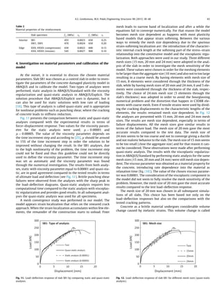 4. Investigation on material parameters and calibration of the
model
At the outset, it is essential to discuss the chosen material
parameters. Slab SB1 was chosen as a control slab in order to inves-
tigate the parameters of the concrete damaged plasticity model in
ABAQUS and to calibrate the model. Two types of analyses were
performed, static analysis in ABAQUS/Standard with the viscosity
regularization and quasi-static analysis in ABAQUS/Explicit. The
solution procedure that ABAQUS/Explicit uses is dynamic, but it
can also be used for static solutions with low rate of loading
[16]. This type of analysis is called quasi-static and is appropriate
for nonlinear problems such as punching shear, where the cracking
of concrete leads to stiffness reduction.
Fig. 11 presents the comparison between static and quasi-static
analyses compared with the experimental results in terms of
force–displacement response. Two values for the viscosity param-
eter for the static analysis were used; l ¼ 0:00001 and
l ¼ 0:00005. The value of the viscosity parameter depends on
the time increment step and according to [25], l should be around
to 15% of the time increment step in order the solution to be
improved without changing the result. In the SB1 analyses, due
to the high nonlinearity of the problem, the time increment step
could not be ﬁxed and thus this guideline could not be directly
used to deﬁne the viscosity parameter. The time increment step
was set as automatic and the viscosity parameter was found
through the numerical investigation. The results from both analy-
ses, static with viscosity parameter equal to 0.00001 and quasi-sta-
tic, are in good agreement compared to the tested results in terms
of ultimate load and deﬂection (see Fig. 11). Brittle punching shear
failures were observed from the analyses with the sharp peak in
the load–deﬂection diagrams. Quasi-static analysis requires less
computational time compared to the static analysis with viscoplas-
tic regularization and provides good results. In all subsequent anal-
yses the quasi-static analysis was used for all specimens.
A mesh convergence study was performed in our model. The
model appears strain localization that relies on the smeared crack
approach. When the strain localization accumulates within few ele-
ments, the remainder of the construction starts to unload. Finer
mesh leads to narrow band of localization and after a while the
equations fail to converge numerically. For that reason the model
becomes mesh size dependent as happens with most plasticity
based models that appear strain softening. Between the various
ways to remedy the mesh size dependency due to the spurious
strain-softening localization are: the introduction of the character-
istic internal crack length at the softening part of the stress–strain
relationship into the constitutive model and the viscoplastic regu-
larization. Both approaches were used in our study. Three different
mesh sizes (15 mm, 20 mm and 24 mm) were adopted in the anal-
ysis of the slab in order to investigate the mesh sensitivity of the
model. These values were chosen in order for the meshing elements
to be larger than the aggregate size (10 mm) and also not to too large
resulting in a coarse mesh. By having elements with mesh size of
15 mm, 8 elements were considered through the thickness of the
slab, while by having mesh sizes of 20 mm and 24 mm, 6 and 5 ele-
ments were considered through the thickness of the slab, respec-
tively. The choice of 24 mm mesh size (5 elements through the
slab’s thickness) was adopted in order to avoid the hourglassing
numerical problem and the distortion that happen in C3D8R ele-
ments with coarse mesh. Even if tensile strains were used by divid-
ing the cracking displacements to the characteristic lengths of the
elements, the results remained mesh size dependent. In Fig. 12
the analyses are presented with 15 mm, 20 mm and 24 mm mesh
sizes. The results are mesh size dependent, especially in terms of
failure displacements. All the mesh sizes give similar results in
terms of the failure load. The mesh size of 20 mm gave the most
accurate results compared to the test data. The mesh size of
24 mm seems to be too coarse and not to converge giving a ductile
and not realistic behavior to the slab. The mesh size of 15 mm seems
to be too small (close the aggregate size) and for that reason it can-
not be considered. These observations were made after performing
quasi-static analysis. The results with the viscoplastic regulariza-
tion in ABAQUS/Standard by performing static analysis for the same
mesh sizes (15 mm, 20 mm and 24 mm) were still mesh size depen-
dent. The viscous parameter was obtained as a material property for
the concrete, introducing rate dependence into the material as
relaxation time (Eq. (10)). The value of the chosen viscous parame-
ter was 0.00001. The consideration of the viscoplastic component in
the model did not seem to fully resolve the mesh sensitivity of the
problem. However, the mesh size of 20 mm gave the most accurate
results compared to the test load–deﬂection response.
The mesh size of 20 mm was chosen in all subsequent simula-
tions of all slabs. This choice has been based not only on the
load–deﬂection responses but also on the comparisons with the
tested cracking patterns.
Concrete as a brittle material undergoes considerable volume
change caused by inelastic strains. This volume change is called
Table 2
Material properties of the reinforcement.
Slab specimen f y (MPa) ey f t (MPa) et
Interior SB1 455 0.0023 650 0.25
SW1, SW5 470 0.0024 650 0.20
Edge XXX, HXXX (compression) 430 0.0022 600 0.15
XXX, HXXX (tension) 545 0.0027 900 0.10
0
50
100
150
200
250
300
0 5 10 15 20
Load(kN)
Displacement (mm)
SB1- Type of analysis
Test
Quasi-staƟc analysis
StaƟc analysis (0.00001)
StaƟc analysis (0.00005)
Fig. 11. Load–deﬂection response of slab SB1 by comparing static and quasi-static
analyses.
0
50
100
150
200
250
300
0 5 10 15 20
Load(kN)
Displacement (mm)
SB1- Mesh size
Test
15mm
20mm
24mm
Fig. 12. Load–deﬂection response of slab SB1 for different mesh sizes (quasi-static
analysis).
A.S. Genikomsou, M.A. Polak / Engineering Structures 98 (2015) 38–48 43
 