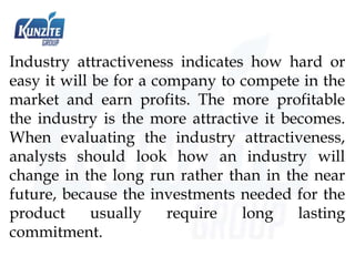 Industry attractiveness indicates how hard or
easy it will be for a company to compete in the
market and earn profits. The more profitable
the industry is the more attractive it becomes.
When evaluating the industry attractiveness,
analysts should look how an industry will
change in the long run rather than in the near
future, because the investments needed for the
product usually require long lasting
commitment.
 