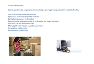Lojistik Yapilanmasi
Lojistik yapilanmasi programi sirketin calistigi alanlara gore organize edilmesi sarttir bunlar;
Toptan malzeme alicilari teslimatlari
Perakende malzeme alicilari teslimatlari
Son kullanici urunleri teslimatlari
Baska sehir ve bolgelere yapilacak teslimatlar icin kargo iletimleri
Imalatlar icin malzeme tedarikleri
Montaj ekibi icin malzeme ve ekip ulasimlari
Personel servis hizmetleri
Acil malzeme sevkiyatlari
 