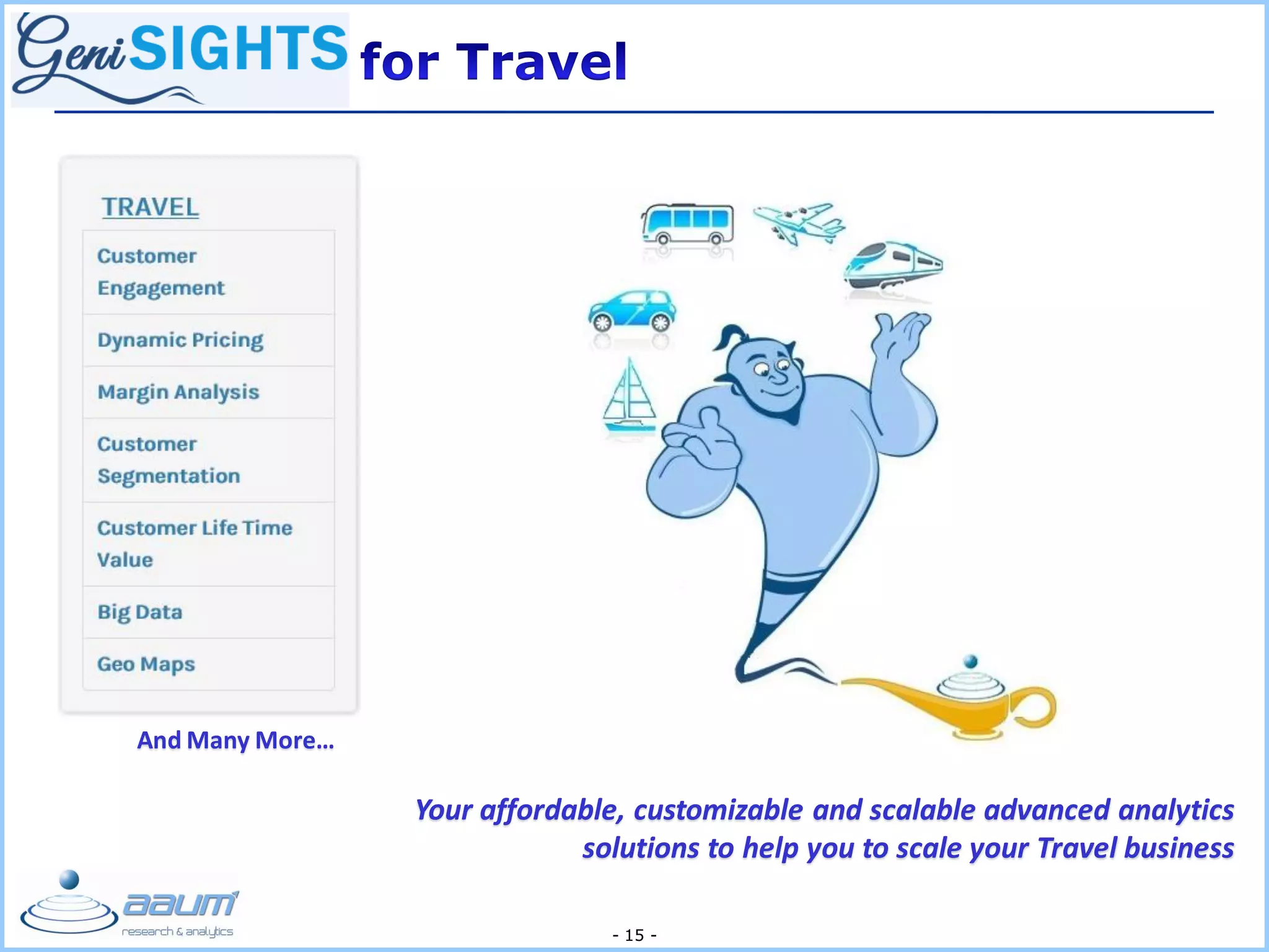 - 15 -
Your affordable, customizable and scalable advanced analytics
solutions to help you to scale your Travel business
And Many More…
 