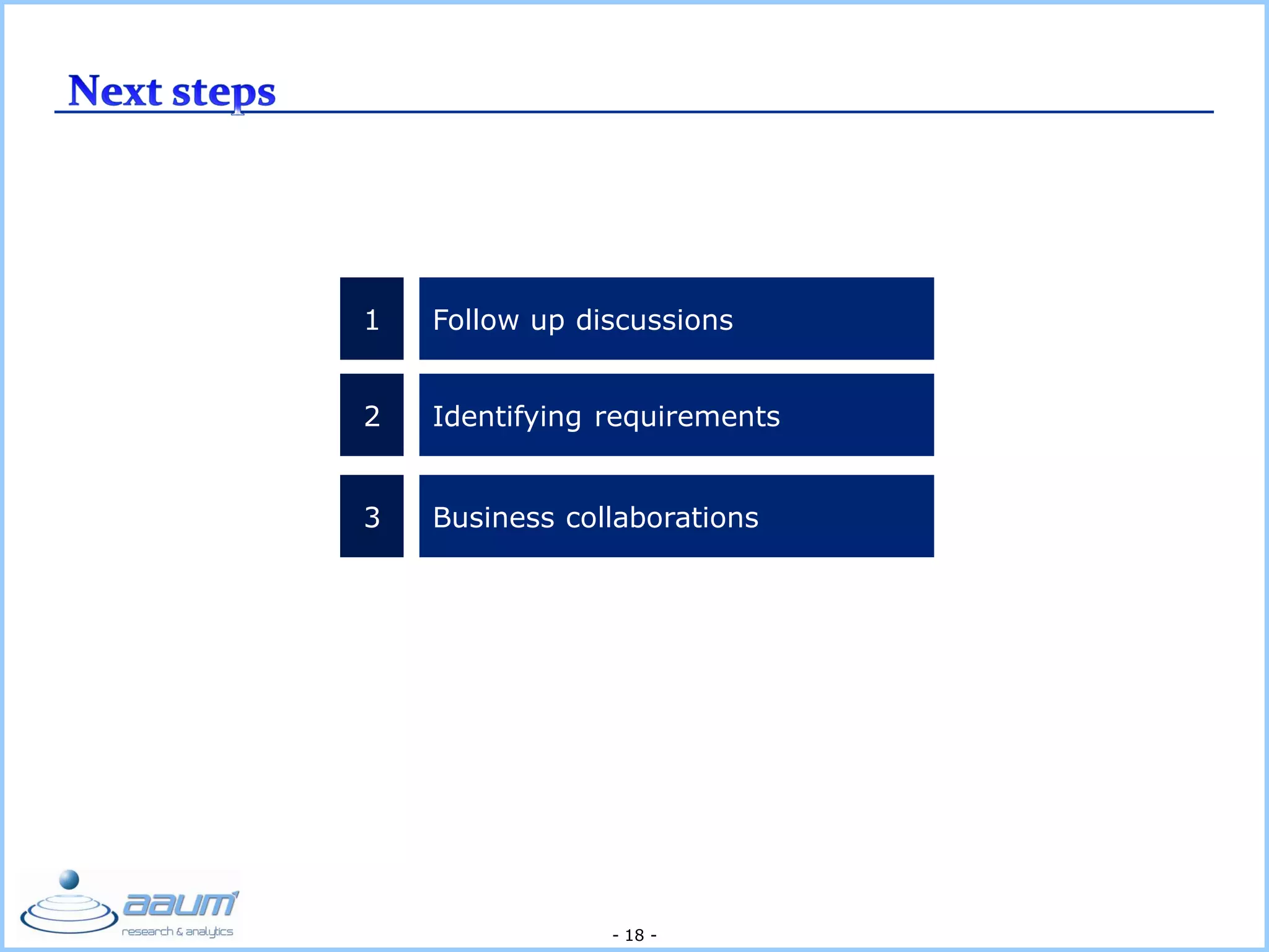 - 18 -
1 Follow up discussions
2 Identifying requirements
3 Business collaborations
 