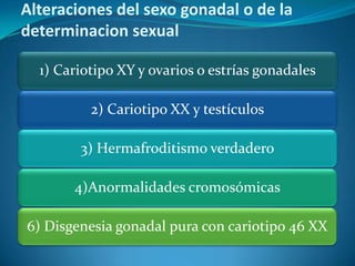 Alteraciones del sexo gonadal o de la
determinacion sexual

  1) Cariotipo XY y ovarios o estrías gonadales

          2) Cariotipo XX y testículos

        3) Hermafroditismo verdadero

       4)Anormalidades cromosómicas

6) Disgenesia gonadal pura con cariotipo 46 XX
 