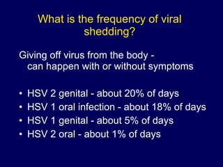 What is the frequency of viral shedding? Giving off virus from the body -  can happen with or without symptoms HSV 2 genital - about 20% of days HSV 1 oral infection - about 18% of days HSV 1 genital - about 5% of days HSV 2 oral - about 1% of days 