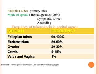ORGAN FREQUENCY
Fallopian tubes 90-100%
Endometrium 50-60%
Ovaries 20-30%
Cervix 5-15%
Vulva and Vagina 1%
Schaefer G: Female genital tuberculosis. Clin Obstet Gynecol 19:23, 1976)
Fallopian tubes -primary sites
Mode of spread : Hematogenous (90%)
Lymphatic/ Direct
Ascending
Frequency of tuberculosis in genital organs
 