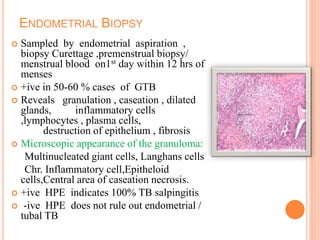 ENDOMETRIAL BIOPSY
 Sampled by endometrial aspiration ,
biopsy Curettage ,premenstrual biopsy/
menstrual blood on1st day within 12 hrs of
menses
 +ive in 50-60 % cases of GTB
 Reveals granulation , caseation , dilated
glands, inflammatory cells
,lymphocytes , plasma cells,
destruction of epithelium , fibrosis
 Microscopic appearance of the granuloma:
Multinucleated giant cells, Langhans cells
Chr. Inflammatory cell,Epitheloid
cells,Central area of caseation necrosis.
 +ive HPE indicates 100% TB salpingitis
 -ive HPE does not rule out endometrial /
tubal TB
 