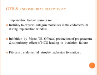 GTB & ENDOMETRIAL RECEPTIVITY
Implantation failure reasons are
 Inability to express Integrin molecules in the endometrium
during implantation window
 Inhibition by Myco. TB. Of basal production of progesterone
& stimulatory effect of HCG leading to ovulation failure
 Fibrosis , endometrial atrophy , adhesion formation .
 