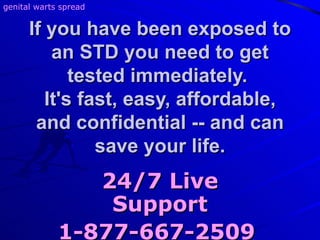 If you have been exposed to an STD you need to get tested immediately.  It's fast, easy, affordable, and confidential -- and can save your life. 24/7 Live Support 1-877-667-2509   genital warts spread 