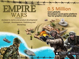 Assisted in end to end product development
Concept , Development, Publishing and
Marketing
0.5 MillionUsers globally
Developed social game platform
Top tier graphics and game play
 