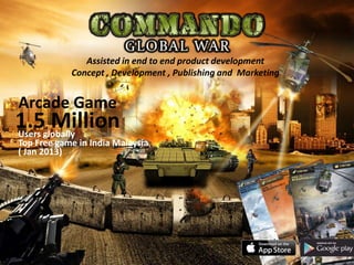 Assisted in end to end product development
Concept , Development , Publishing and Marketing
1.5 MillionUsers globally
Top Free game in India Malaysia
( Jan 2013)
Arcade Game
 