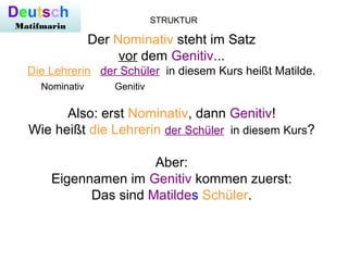 STRUKTUR
Der Nominativ steht im Satz
vor dem Genitiv...
Die Lehrerin der Schüler in diesem Kurs heißt Matilde.
Nominativ Genitiv
Also: erst Nominativ, dann Genitiv!
Wie heißt die Lehrerin der Schüler in diesem Kurs?
Aber:
Eigennamen im Genitiv kommen zuerst:
Das sind Matildes Schüler.
Deutsch
Matifmarin
 