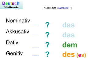 Nominativ
Akkusativ
Dativ
Genitiv
?
?
?
?
das
das
dem
des (es)
NEUTRUM (sächliche) 
Deutsch
Matifmarin
 