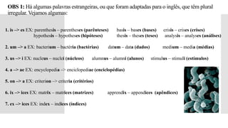 OBS 1: Há algumas palavras estrangeiras, ou que foram adaptadas para o inglês, que têm plural
irregular. Vejamos algumas:
 1. is –> es EX: parenthesis – parentheses (parênteses) basis – bases (bases) crisis – crises (crises)
hypothesis – hypotheses (hipóteses) thesis – theses (teses) analysis – analyses (análises)
 2. um –> a EX: bacterium – bactéria (bactérias) datum – data (dados) medium – media (médias)
 3. us –> i EX: nucleus – nuclei (núcleos) alumnus – alumni (alunos) stimulus – stimuli (estímulos)
 4. a –> ae EX: encyclopedia –> enciclopediae (enciclopédias)
 5. on –> a EX: criterion –> criteria (critérios)
 6. ix –> ices EX: matrix – matrices (matrizes) apprendix – appendices (apêndices)
 7. ex –> ices EX: index – indices (índices)
 