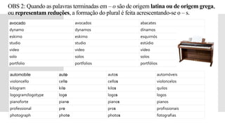 OBS 2: Quando as palavras terminadas em – o são de origem latina ou de origem grega,
ou representam reduções, a formação do plural é feita acrescentando-se o – s.
avocado avocados abacates
dynamo dynamos dínamos
eskimo eskimo esquimós
studio studio estúdio
video video vídeo
solo solos solos
portfolio portfolios portfólios
automobile auto autos automóveis
violoncello cello cellos violoncelos
kilogram kilo kilos quilos
logogram/logotype logo logos logos
pianoforte piano pianos pianos
professional pro pros profissionais
photograph photo photos fotografias
 