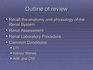 Outline of review Recall the anatomy and physiology of the Renal System Renal Assessment  Renal Laboratory Procedure Common Conditions: UTI Kidney Stones ARF and CRF 