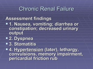 Chronic Renal Failure Assessment findings 1. Nausea, vomiting; diarrhea or constipation; decreased urinary output 2. Dyspnea 3. Stomatitis 4.  Hypertension  (later), lethargy, convulsions, memory impairment, pericardial friction rub 
