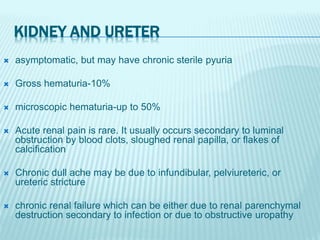 KIDNEY AND URETER
 asymptomatic, but may have chronic sterile pyuria
 Gross hematuria-10%
 microscopic hematuria-up to 50%
 Acute renal pain is rare. It usually occurs secondary to luminal
obstruction by blood clots, sloughed renal papilla, or flakes of
calcification
 Chronic dull ache may be due to infundibular, pelviureteric, or
ureteric stricture
 chronic renal failure which can be either due to renal parenchymal
destruction secondary to infection or due to obstructive uropathy
 