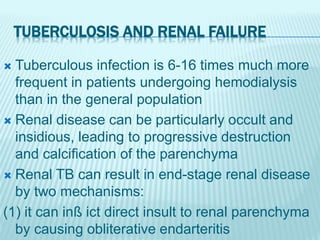 TUBERCULOSIS AND RENAL FAILURE
 Tuberculous infection is 6-16 times much more
frequent in patients undergoing hemodialysis
than in the general population
 Renal disease can be particularly occult and
insidious, leading to progressive destruction
and calcification of the parenchyma
 Renal TB can result in end-stage renal disease
by two mechanisms:
(1) it can inß ict direct insult to renal parenchyma
by causing obliterative endarteritis
 