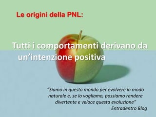 Tutti i comportamenti derivano da
un’intenzione positiva
Le origini della PNL:
“Siamo in questo mondo per evolvere in modo
naturale e, se lo vogliamo, possiamo rendere
divertente e veloce questa evoluzione”
Entradentro Blog
 
