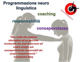 Programmazione neuro
linguistica
coaching
responsabilità
consapevolezza
“Non credo che esistano
alternative ad un percorso
strutturato che aiuti le persone ad
essere sempre più
consapevolmente responsabili dei
propri comportamenti.”
Entradentro Blog
 
