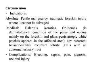 Circumcision
• Indications:
Absolute: Penile malignancy, traumatic foreskin injury
where it cannot be salvaged
Medical: Balanitis Xerotica Obliterans (is
dermatological condition of the penis and occurs
mainly on the foreskin and glans penis,atropic white
patches appears in the affected area), sev recurrent
balanoposthitis, recurrent febrile UTI’s with an
abnormal urinary tract
• Complications: Bleeding, sepsis, pain, stenosis,
urethral injury
 